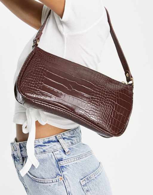 Glamorous - Borsa da spalla color cioccolato effetto coccodrillo