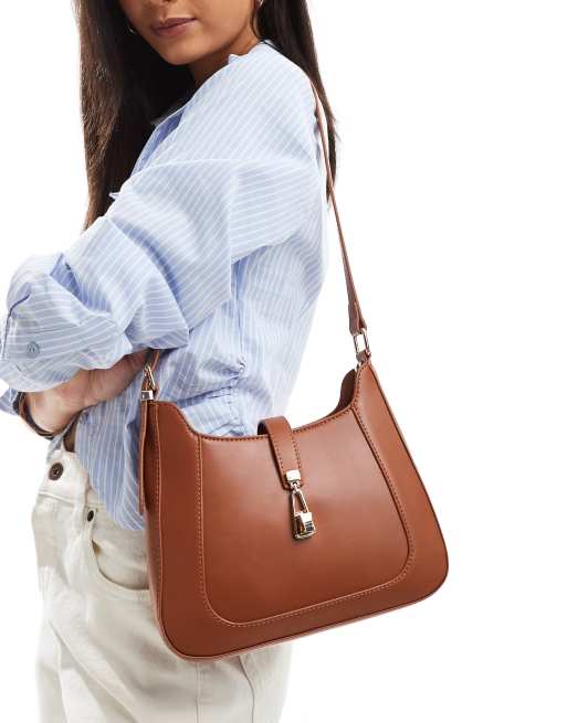 Glamorous - Borsa da spalla color cuoio con chiusura dorata 