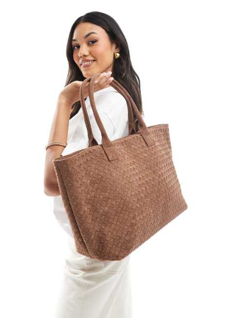 Glamorous - Borsa da spalla grande in camoscio sintetico color marrone chiaro intrecciato 