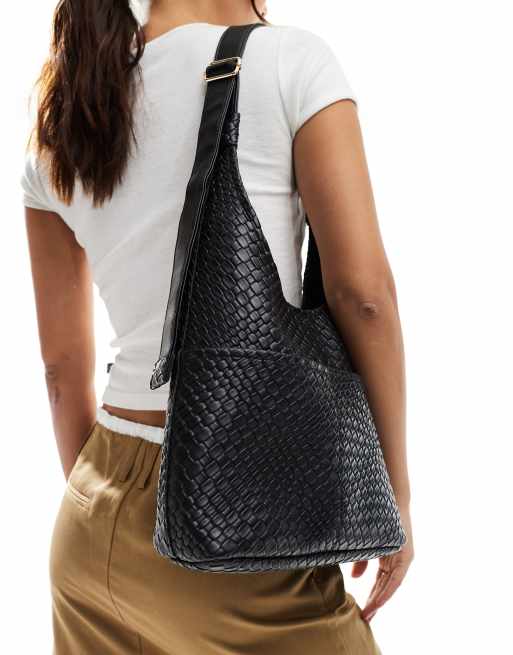 Glamorous - Borsa da spalla grande intrecciata nera con tasca, 2 di 4