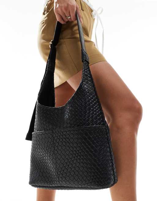 Glamorous - Borsa da spalla grande intrecciata nera con tasca, 4 di 4