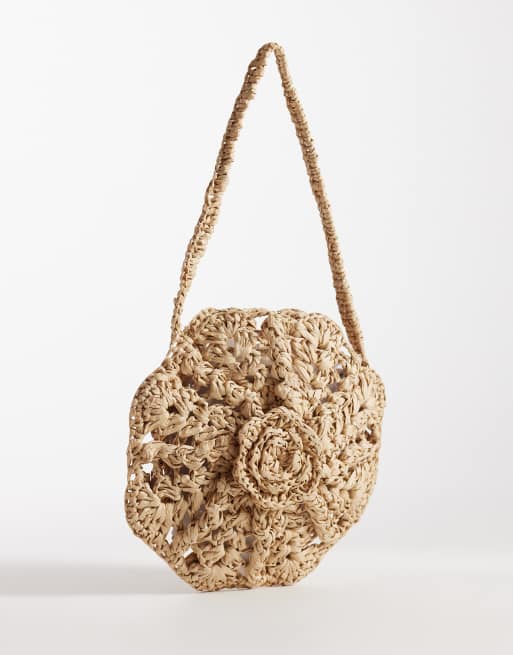 Glamorous - Borsa da spalla in paglia a fiori colore neutro