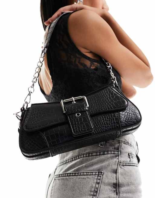 Glamorous - Borsa da spalla nera anni '90 con tracolla a catena e fibbia