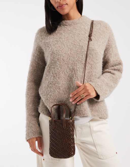 Glamorous - Borsa porta cellulare a tracolla color marrone scuro intrecciata, 2 di 4