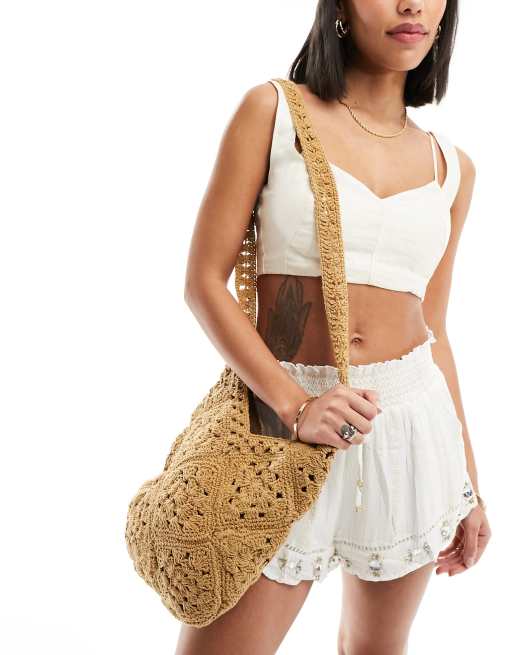 Glamorous - Borsa shopping extra larga all'uncinetto color neutro