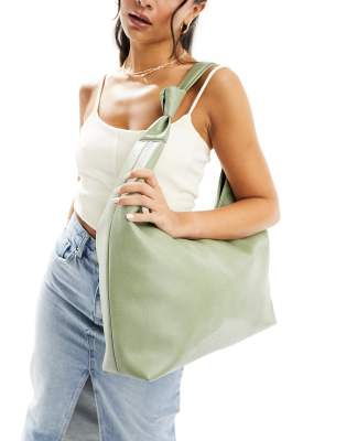 Glamorous - Borsa shopping in similpelle PU color verde salvia con tracolla annodata 