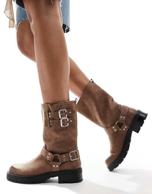 Glamorous Bottes style motard avec harnais Beige delave