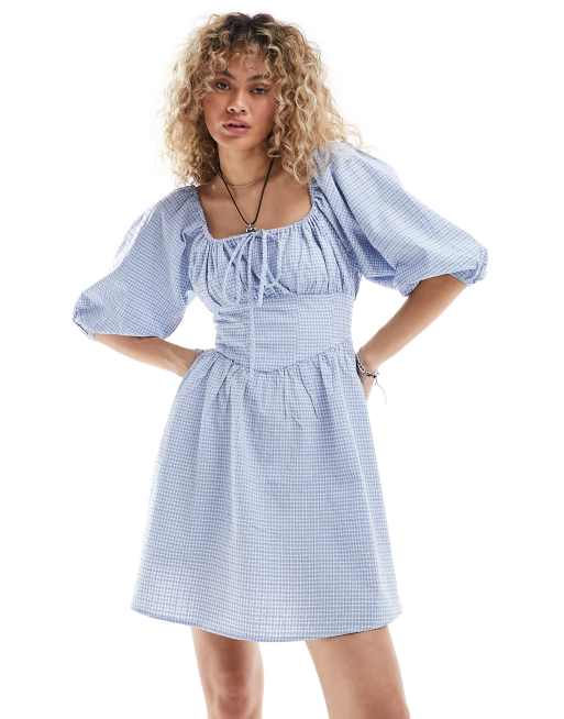 Glamorous bow detail corset top mini smock dress in textured blue check ...