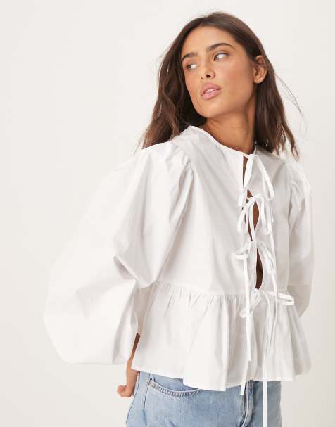 Glamorous bow detail puff sleeve blouse in white