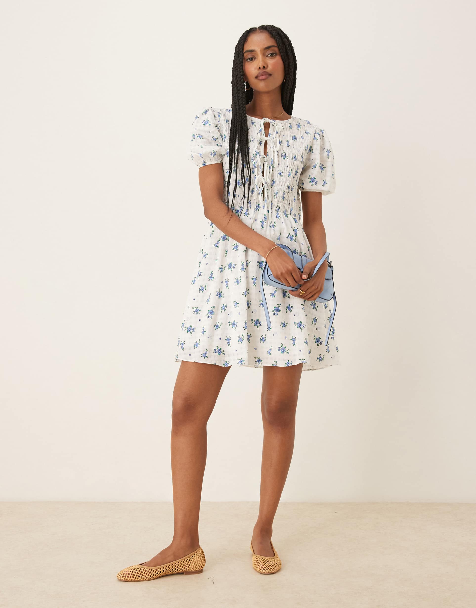 glamorous bow detail puff sleeve dress in blue floral