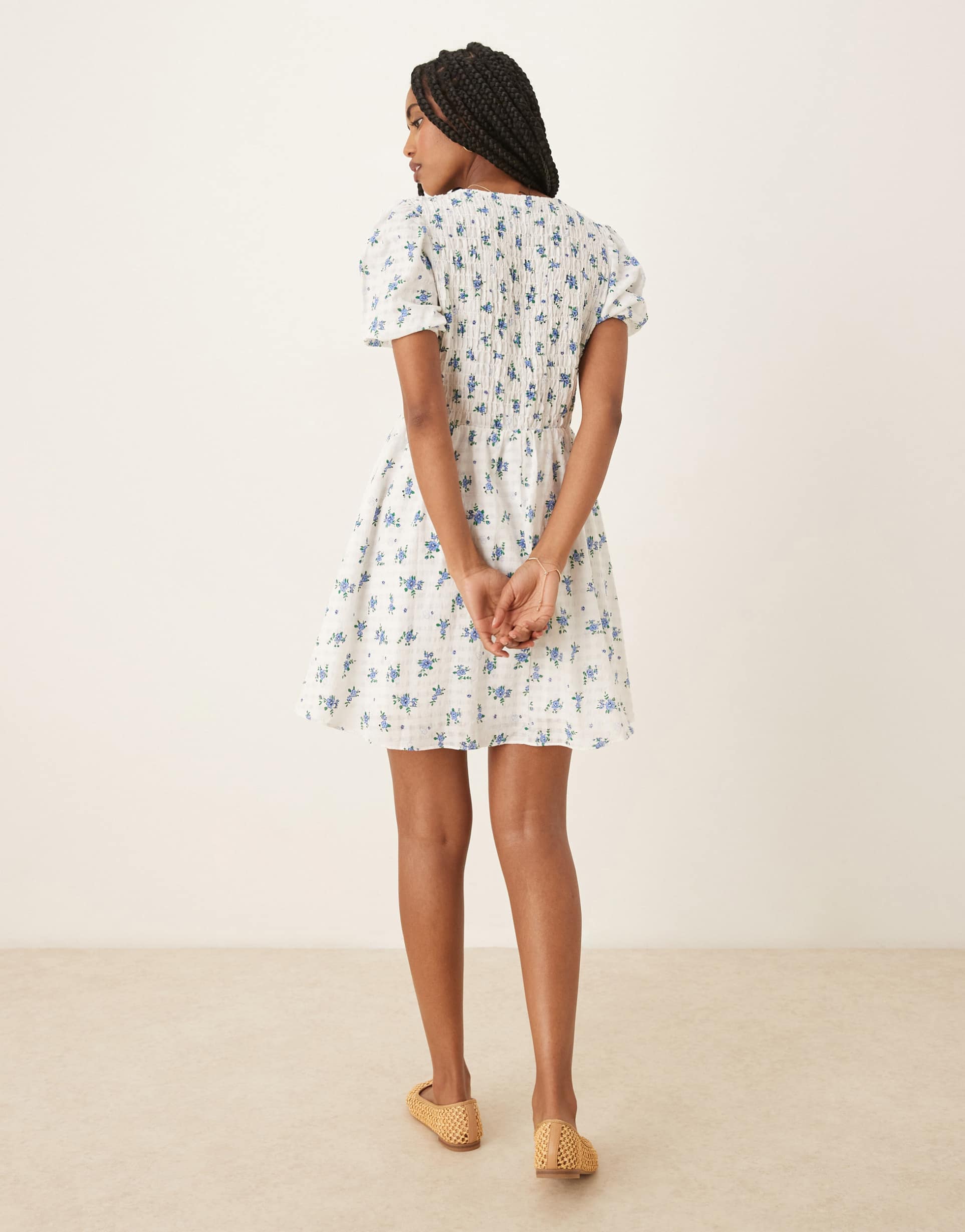 glamorous bow detail puff sleeve dress in blue floral