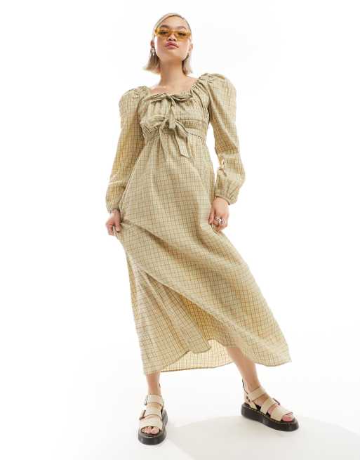 Glamorous bow front ruched detail maxi smock dress in green plaid