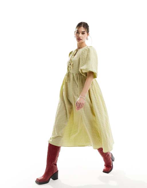 Glamorous bow tie puff sleeve midi smock dress in green red check ASOS