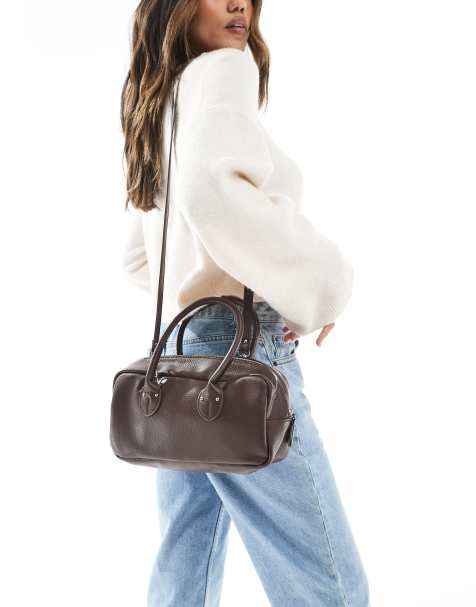 Glamorous bowler bag with detachable crossbody strap in chocolate brown - view 1