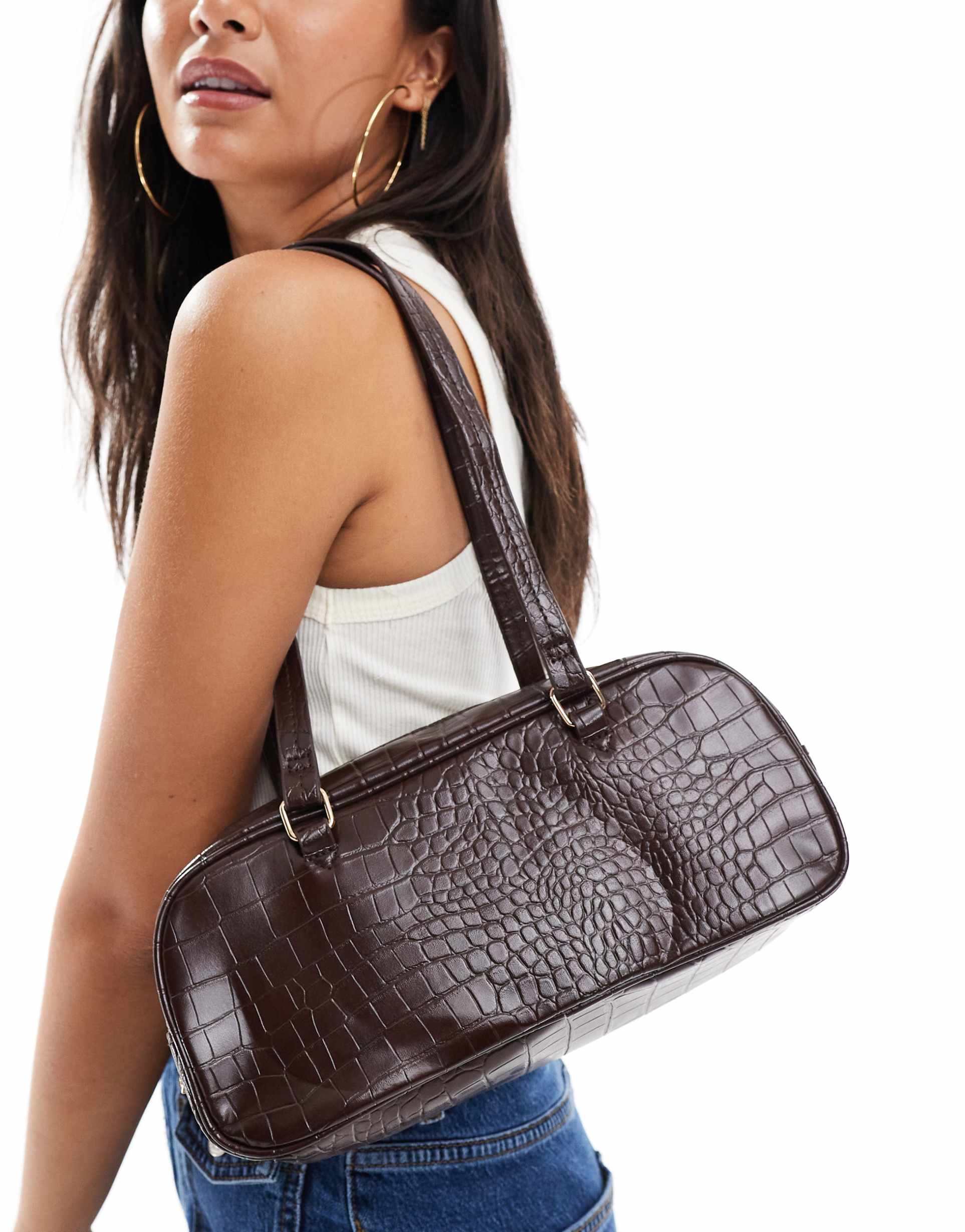 glamorous bowler shoulder bag in brown croc