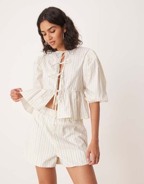 Glamorous boxer style pull on short in white blue brown stripe co-ord - view 1
