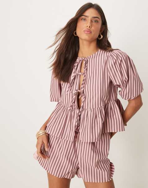 Glamorous boxer style pull on shorts in pink stripe - part of a set - view 1
