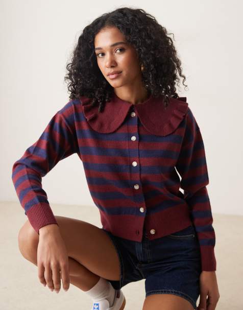 Glamorous boxy fit cardigan in blue and red stripe - view 1