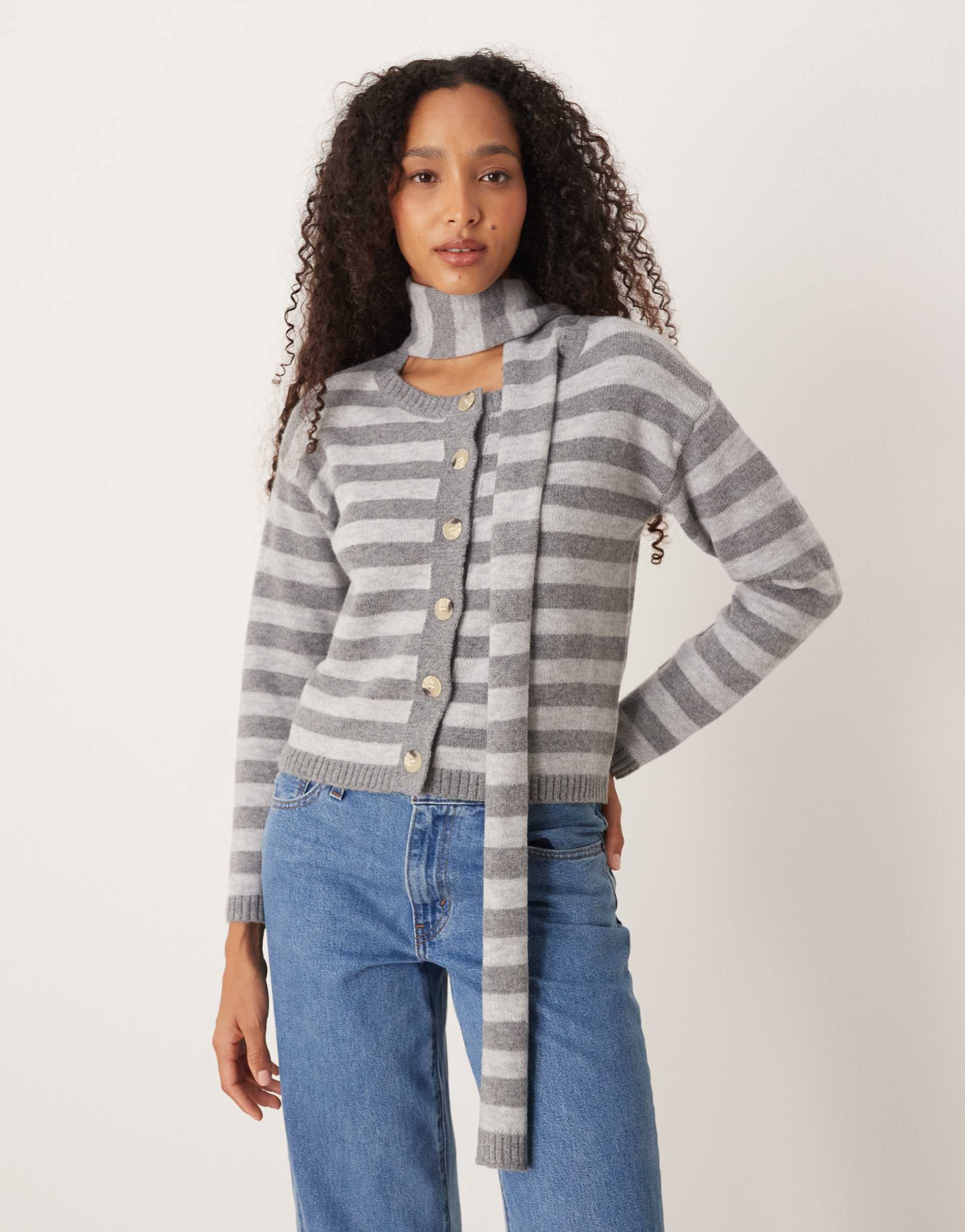 glamorous boxy fit cardigan with scarf attachment in gray/white stripe