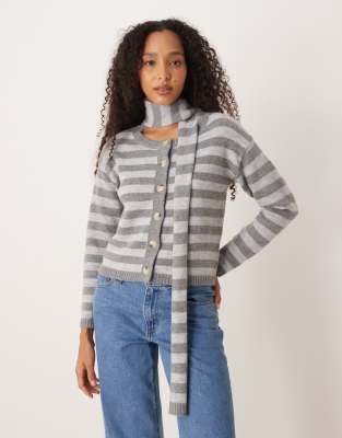 Glamorous Glamorous boxy fit cardigan with scarf attachment in grey white stripe-Multi