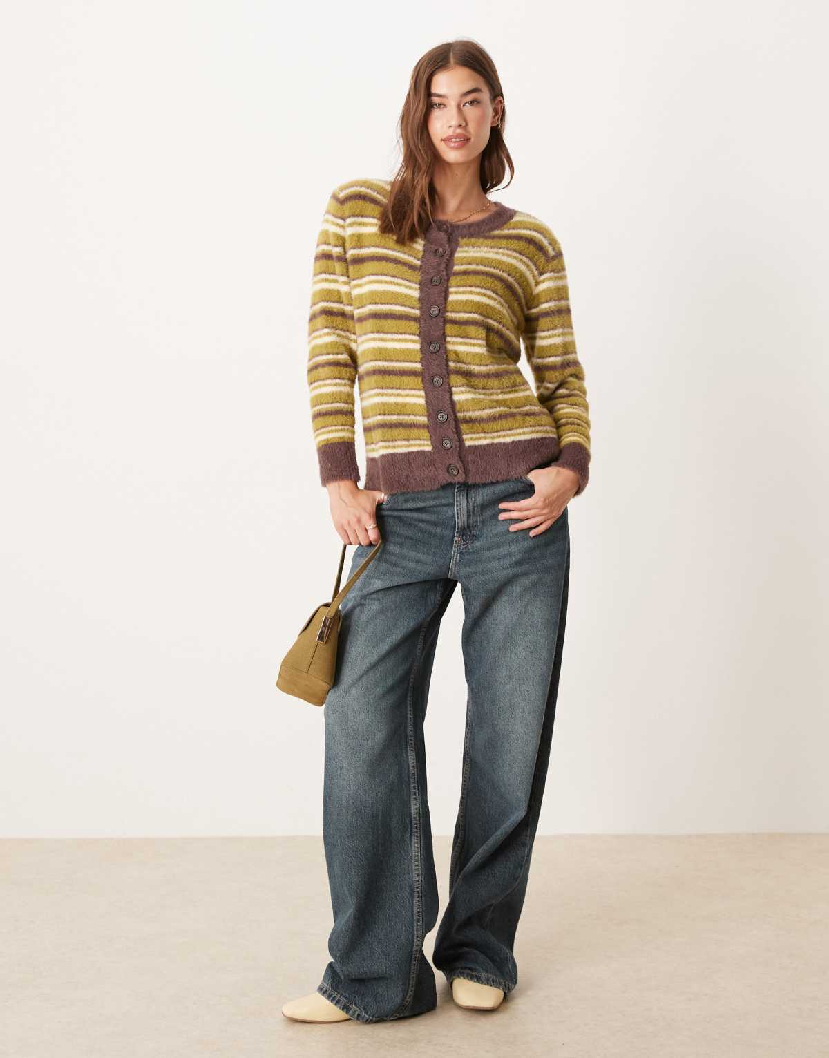 Glamorous boxy fit fluffy cardigan in olive brown stripe