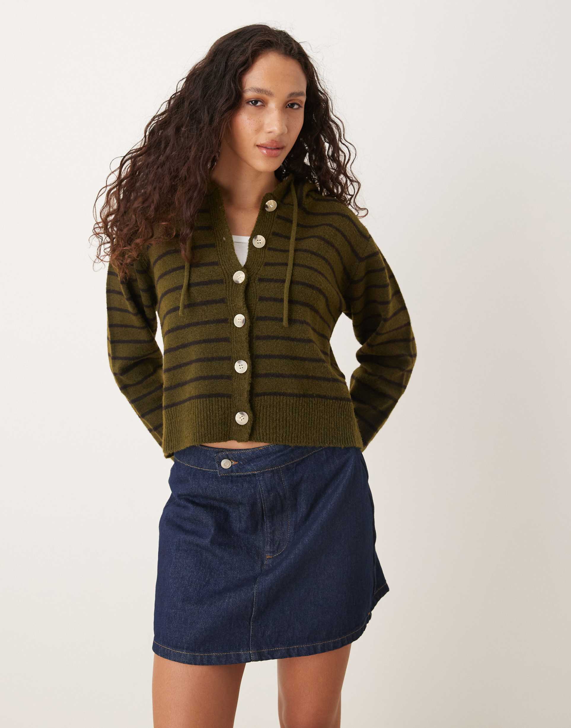 glamorous boxy fit hooded button down cardigan in olive and brown stripes