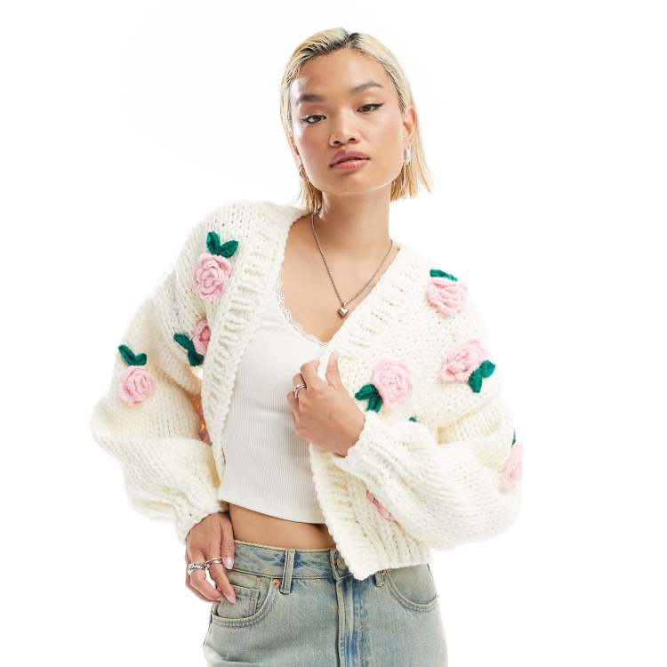 Glamorous boxy knitted luxy chunky cardigan with applique rose
