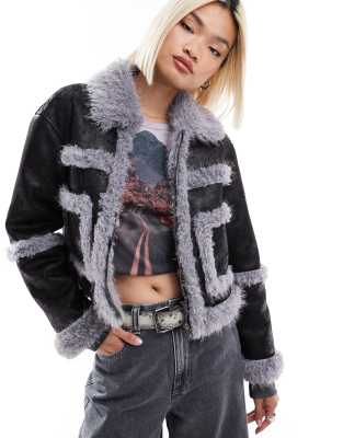 boxy purple faux shearling contrast coat-Black