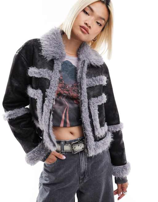 Glamorous boxy purple faux shearling contrast coat