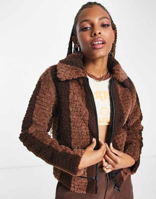 Glamorous boxy retro western jacket in mix brown faux fur