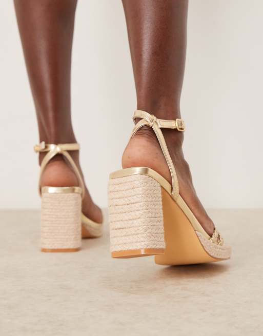 Glamorous braided espadrille heeled sandals in gold