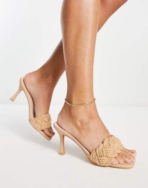 Bershka mid heeled thong sandal with clear strap in camel