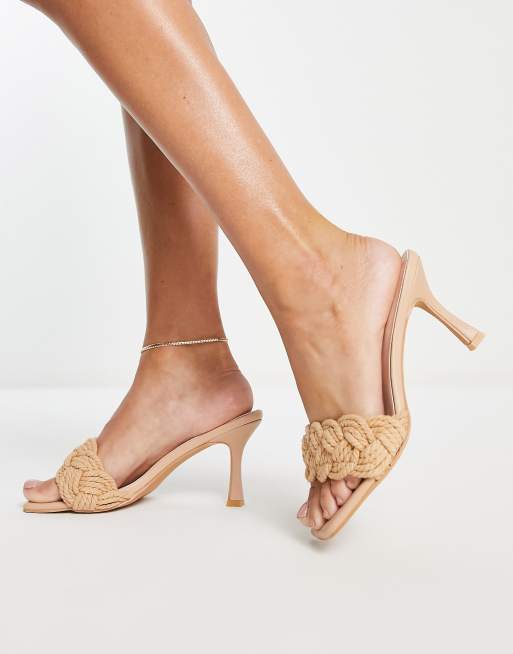 Glamorous braided mid heel mule sandals in camel