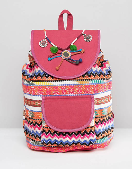 Glamorous Bright Print Backpack With Pom & Tassel Detail