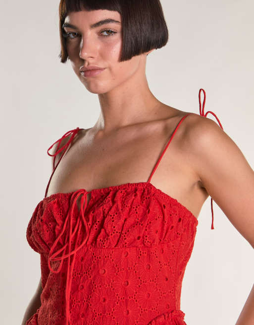 asos red broderie dress ASOS Premium Midi Dress In Broderie Fabric in Red