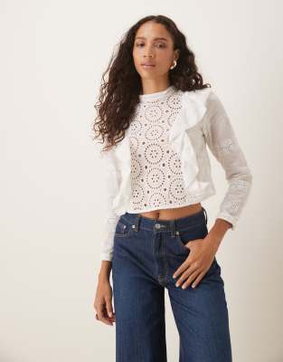 Glamorous Broderie Panneled Blouse In White
