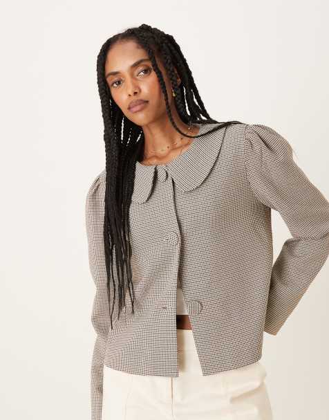 Glamorous - Brun cropped peacoat med smock-snit og pepitatern - view 1
