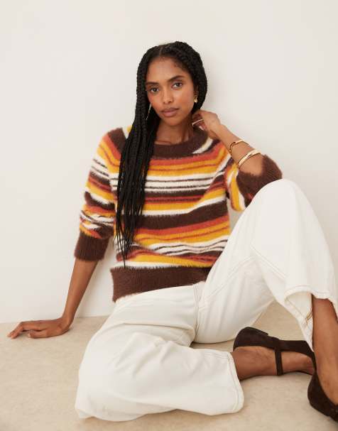 Glamorous - Brun og orange strikket oversized trøje med striber i poset pasform - view 1