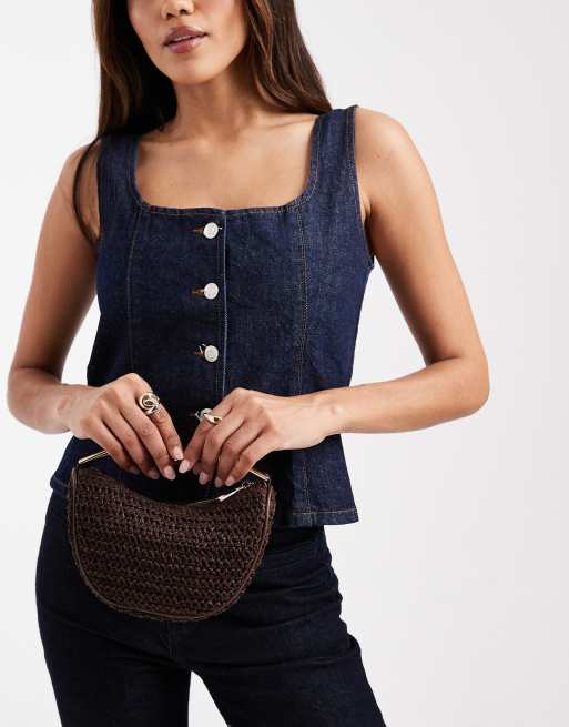 Glamorous – Brun, vävd väska i raffiabast med guldfärgade metallhandtag