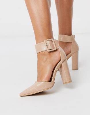 pink block heel court shoes
