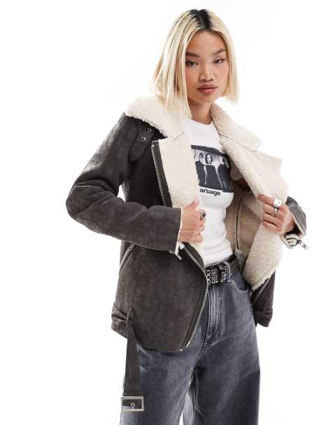 Glamorous buckle collar detail cream brown aviator coat - view 1