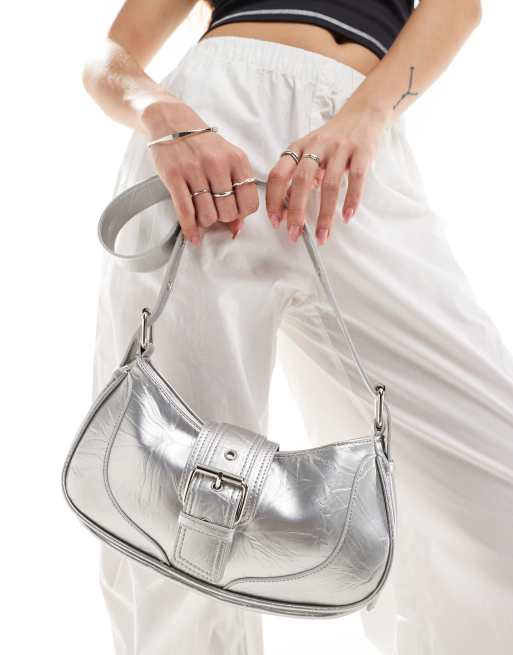 Glamorous buckle front shoulder bag in silver metallic, 2 of 4