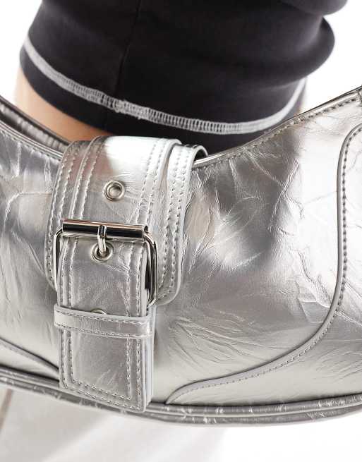 Glamorous buckle front shoulder bag in silver metallic, 3 of 4