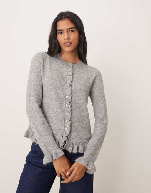 Glamorous button down bay cardigan with frill in gray