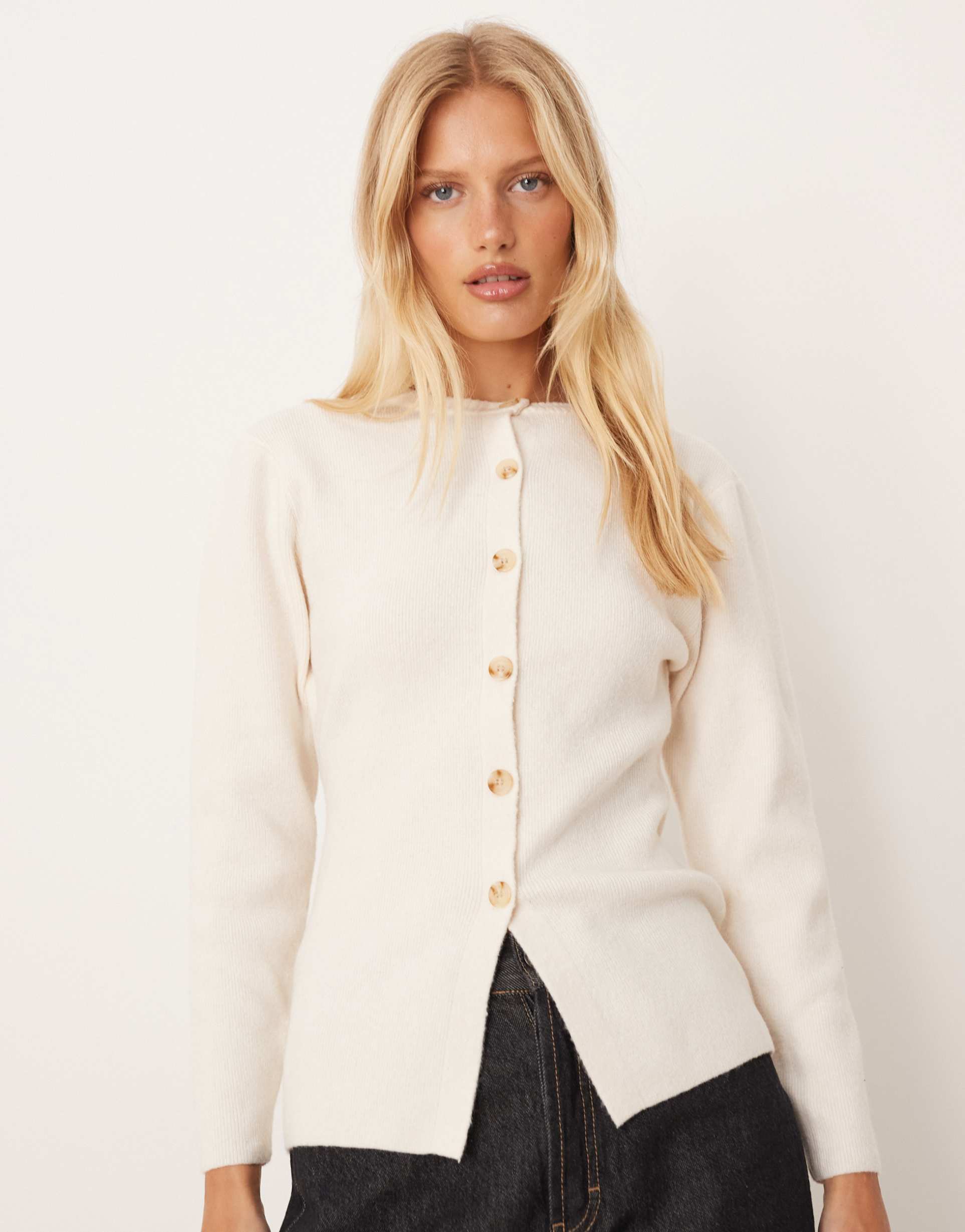 glamorous button down fitted cardigan with cinched in waist in cream