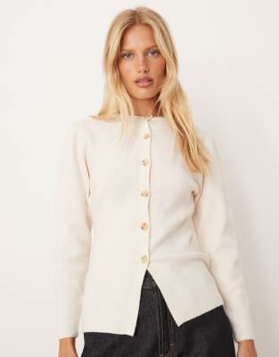Glamorous Glamorous button down fitted cardigan with sinched in waist in cream-White