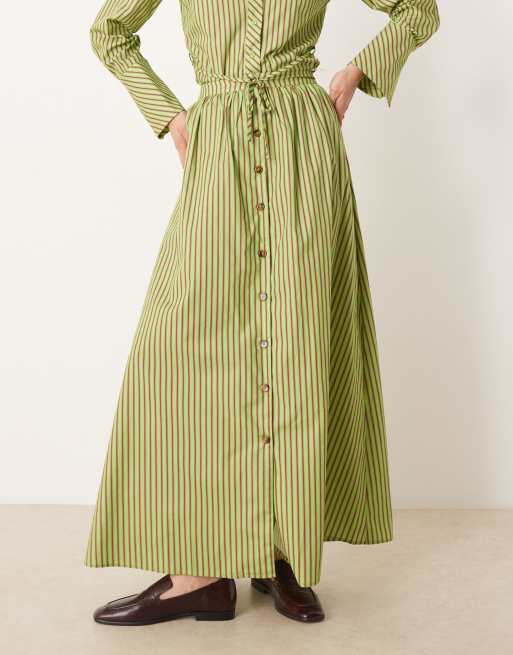 Glamorous button down maxi poplin skirt in green red stripe, 3 of 5