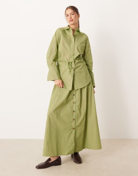 Glamorous button down maxi poplin skirt in green red stripes - view 1