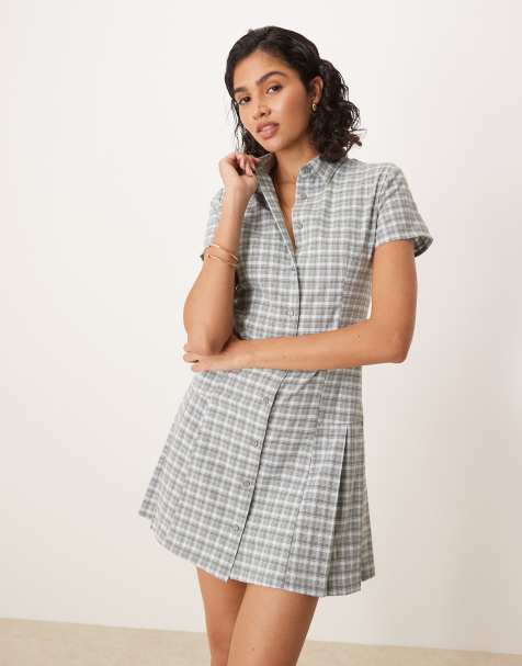 Glamorous button down mini shirt dress with pleats in grey check - view 1