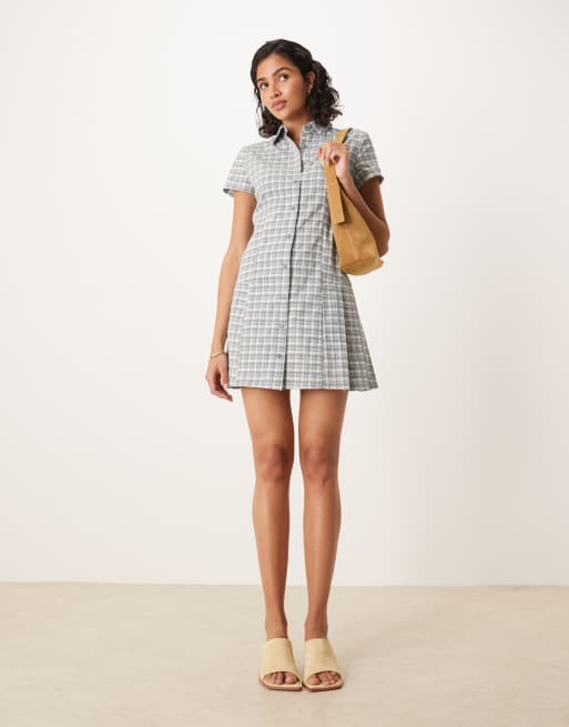 Glamorous button down mini shirt dress with pleats in grey check, 3 of 4